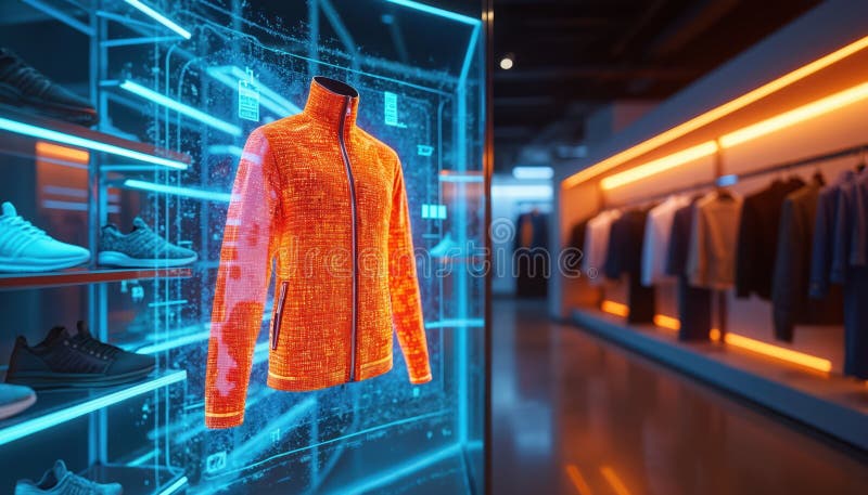 Modern apparel store features augmented reality screen. Vivid orange jacket appears as holographic interface. Customers explore vector illustration