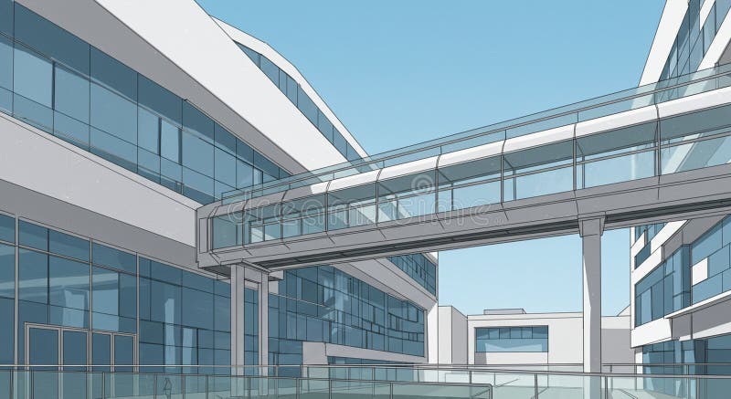 Modern architectural design features interconnected glass buildings with a skybridge. royalty free illustration