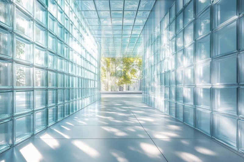 Modern architecture banner features transparent glass bricks for openness and light in design concept stock images