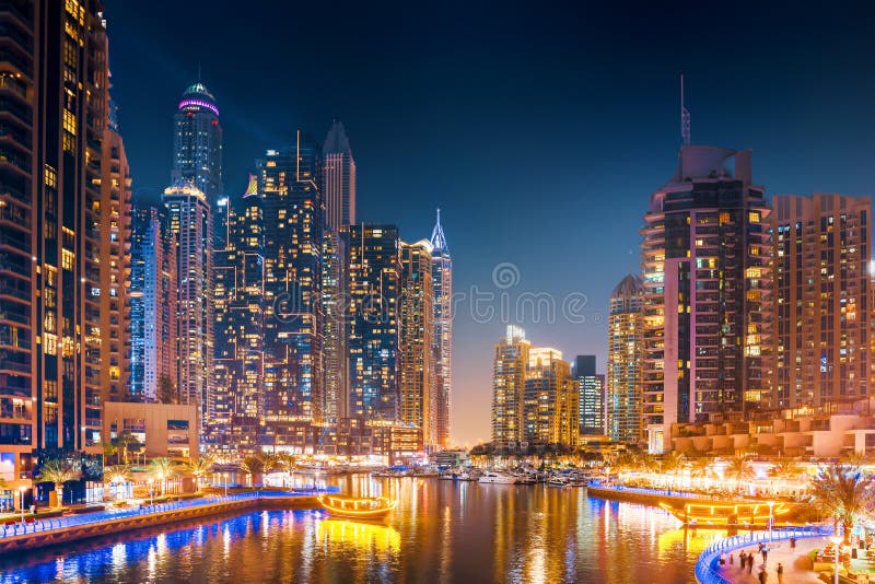 Modern Architecture of Dubai Marina at Night. Unites Arab Emirates
