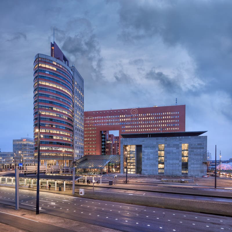 Modern architecture at Wilhelmina Square, Rotterdam at dusk.