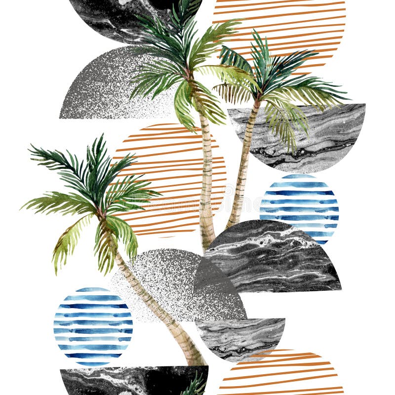 Modern art of geometric shapes, natural elements. Hand drawn illustration: beach, sea, sunset, palm trees stock illustration