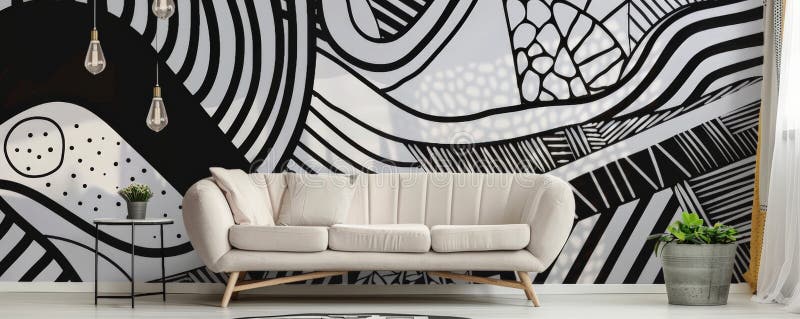 Modern art mural wallpaper background with intricate line work and abstract patterns in black and stock image