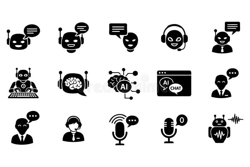 Modern artificial intelligence and chatbot technology icons set with robots heads microphones and speech bubbles royalty free illustration