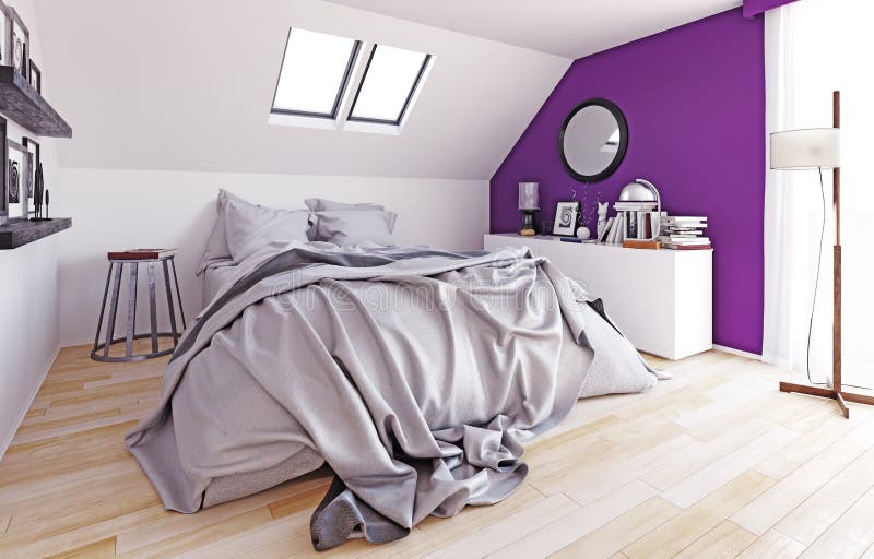 Modern attic bedroom stock illustration. Illustration of style 116100431