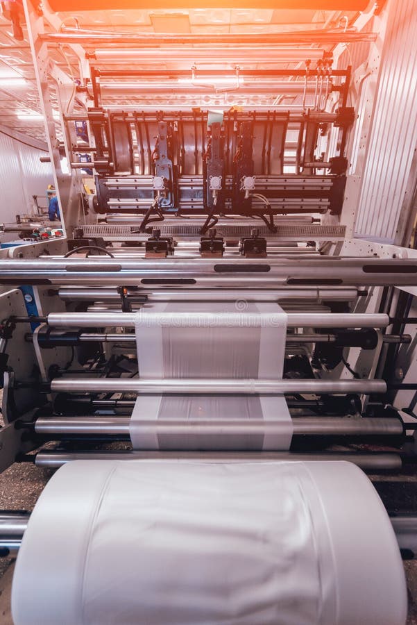 Modern Automated Production Line in Factory. Plastic Bag Manufacturing