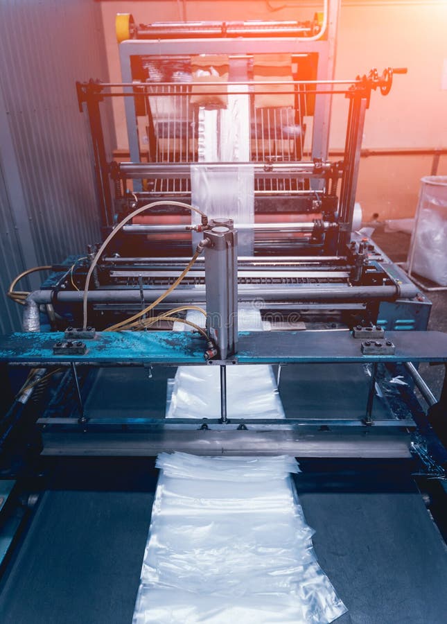 Modern Automated Production Line in Factory. Plastic Bag Manufacturing