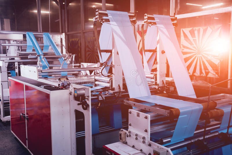 Modern Automated Production Line in Factory. Plastic Bag Manufacturing