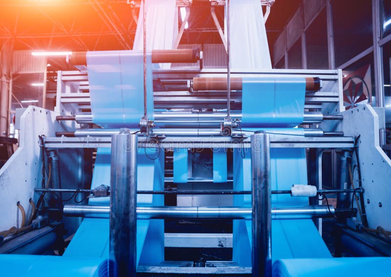 Modern Automated Production Line in Factory. Plastic Bag Manufacturing