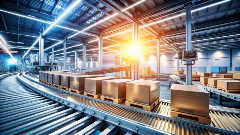 Modern automated warehouse with conveyor system transporting packaged goods. Generative AI vector illustration