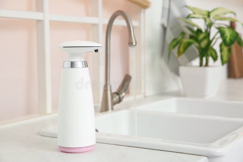 Modern Automatic Soap Dispenser on Countertop in Kitchen. Space for Text Stock Photo Image of
