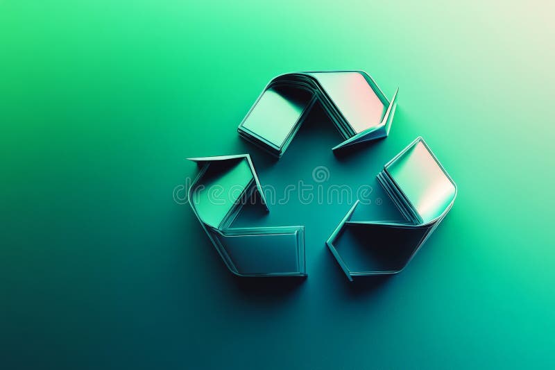 A modern background featuring a large, sleek recycling icon in metallic green and silver, with a royalty free stock image