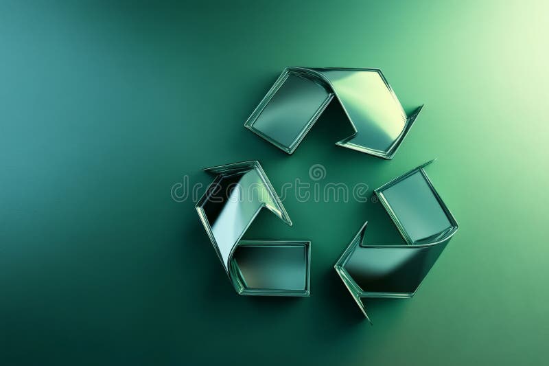 A modern background featuring a large, sleek recycling icon in metallic green and silver, with a stock photo