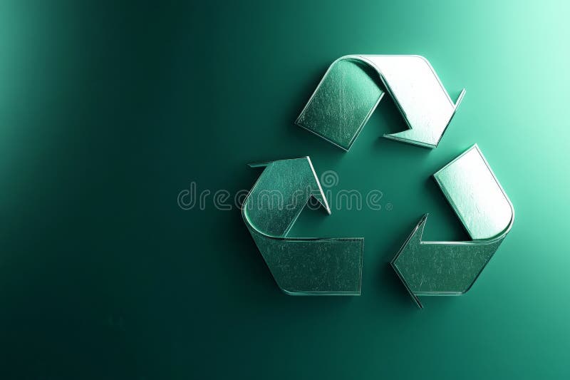 A modern background featuring a large, sleek recycling icon in metallic green and silver, with a royalty free stock photo