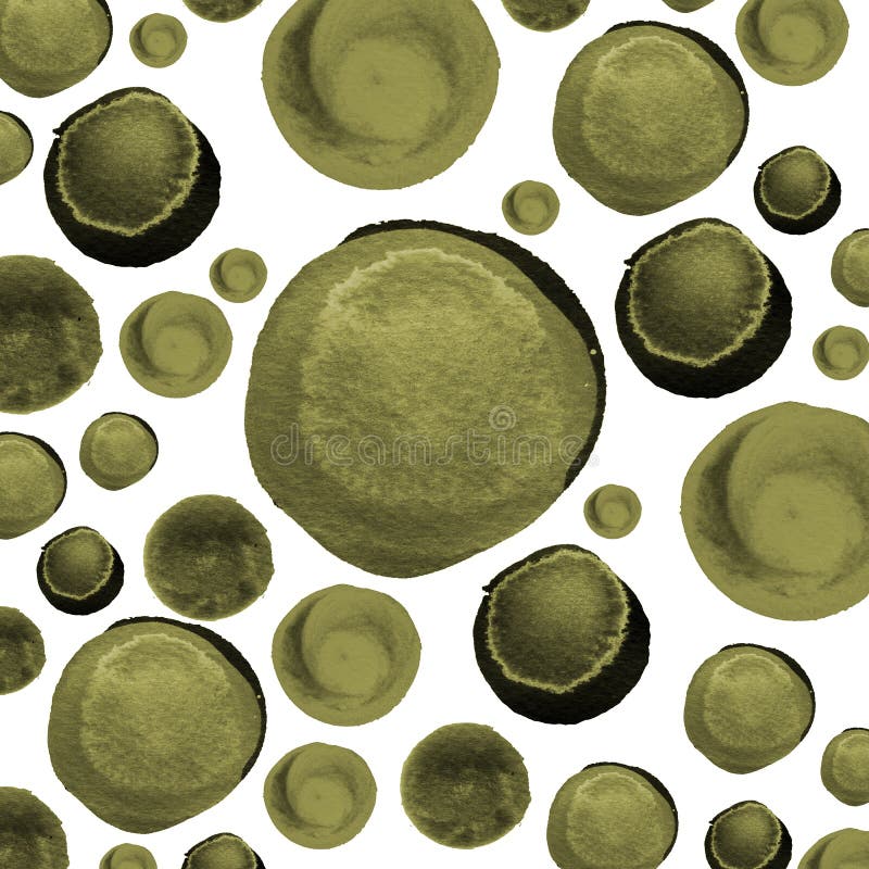 Modern background of olive green and army sepia painted in watercolor. Abstract monochrome pattern with ink circles, dots