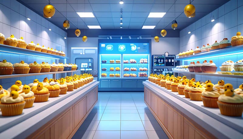 Modern bakery interior, cupcakes galore royalty free illustration