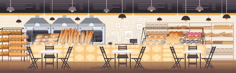 Modern bakery interior empty no people restaurant vector illustration