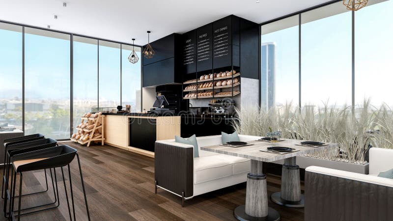 Modern Bakery Shop and Caf Interior with Bread Display and Coffee Counter, 3d Rendering vector illustration