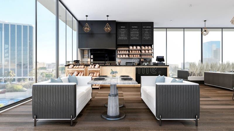 Modern Bakery Shop and Caf Interior with Bread Display and Coffee Counter, 3d Rendering stock illustration