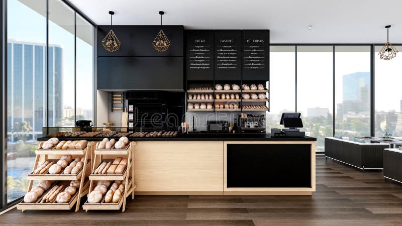 Modern Bakery Shop and Caf Interior with Bread Display and Coffee Counter, 3d Rendering stock illustration