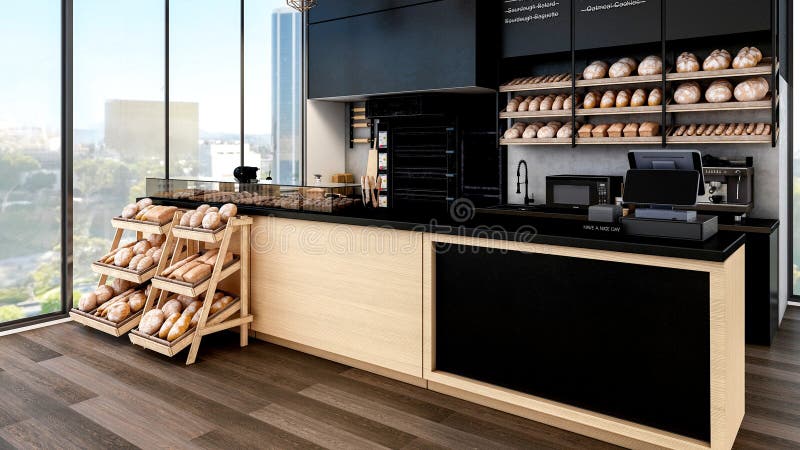 Modern Bakery Shop and Caf Interior with Bread Display and Coffee Counter, 3d Rendering royalty free illustration