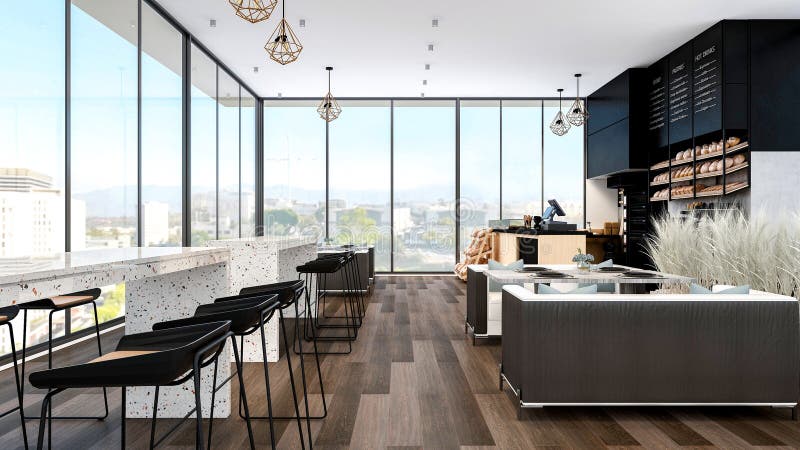 Modern Bakery Shop and Caf Interior with Bread Display and Coffee Counter, 3d Rendering royalty free illustration