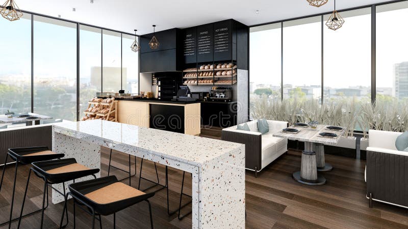 Modern Bakery Shop and Caf Interior with Bread Display and Coffee Counter, 3d Rendering stock illustration