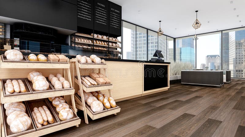 Modern Bakery Shop and Caf Interior with Bread Display and Coffee Counter, 3d Rendering royalty free illustration