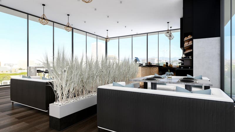 Modern Bakery Shop and Cafe Interior with Bread Display and Coffee Counter, 3d Rendering stock illustration