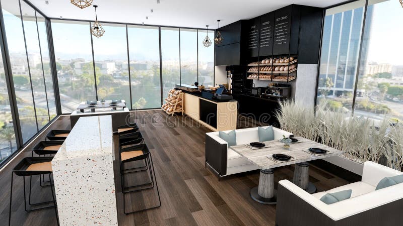 Modern Bakery Shop and Cafe Interior with Bread Display and Coffee Counter, 3d Rendering stock illustration