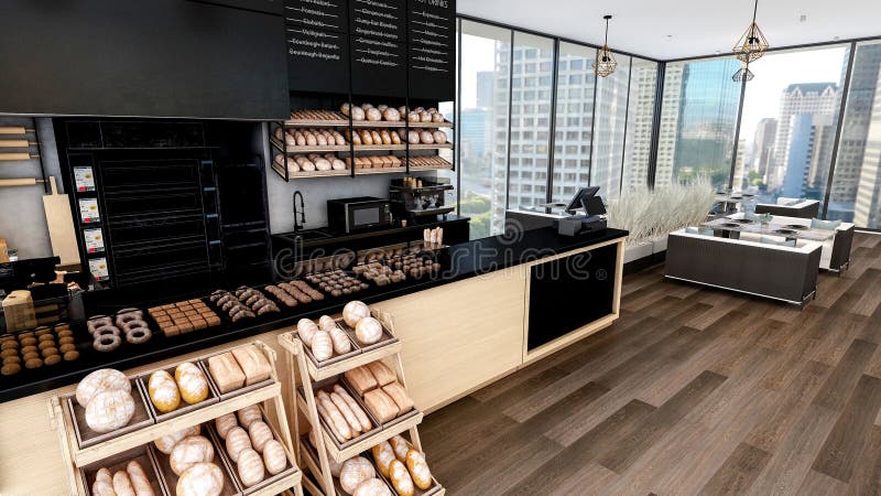 Modern Bakery Shop and Cafe Interior with Bread Display and Coffee Counter, 3d Rendering royalty free illustration