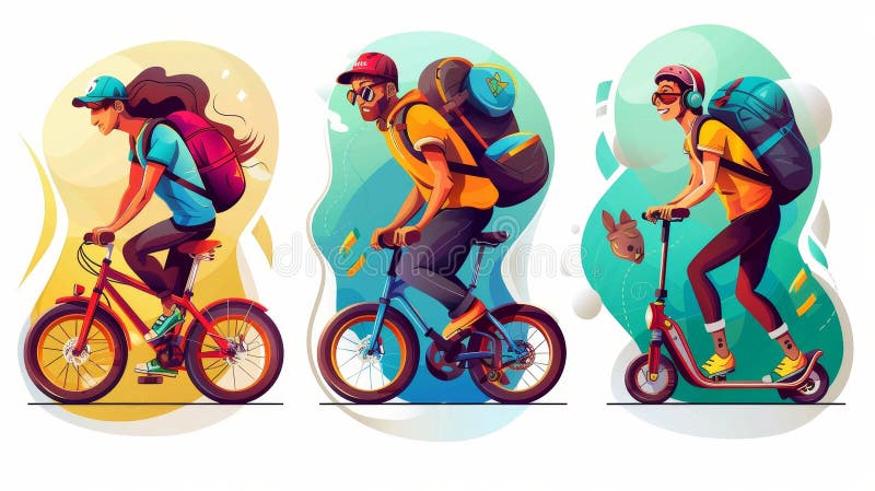 Modern banners of deliver service with cartoon illustration of people with backpacks riding bikes, skateboards, and monowheels.. AI generated