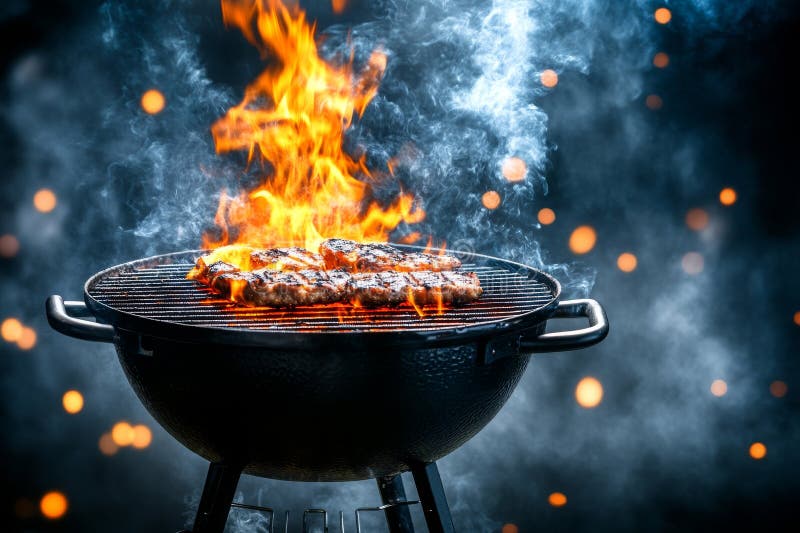 A modern barbecue grill with a blazing fire in front of a dark backdrop royalty free stock photography