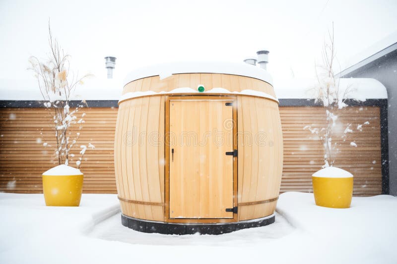 Modern Barrel Sauna with Snow Piled on Top Stock Image Image of