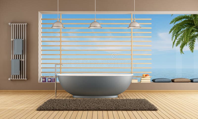 Modern Bathroom with blue bathtub against big window - rendering