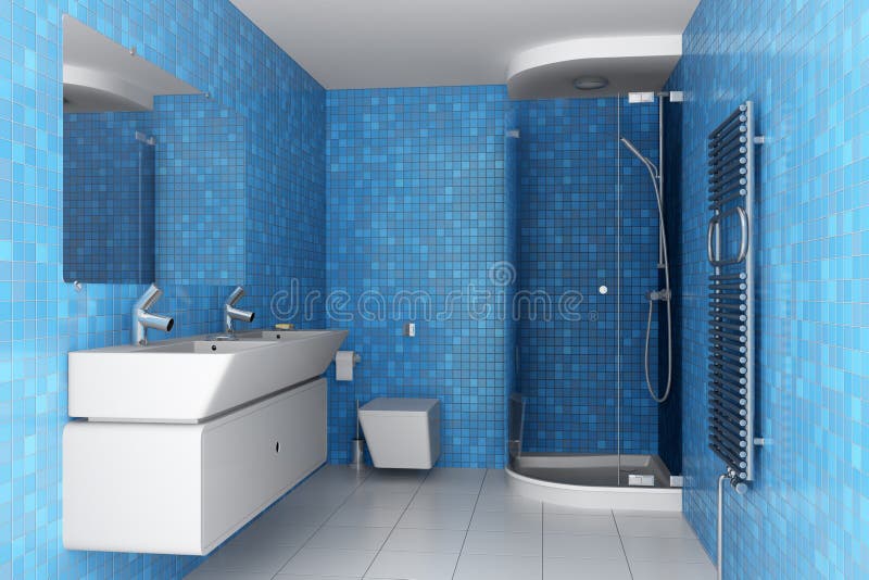 Modern Bathroom with Blue Tiles on Wall Stock Illustration