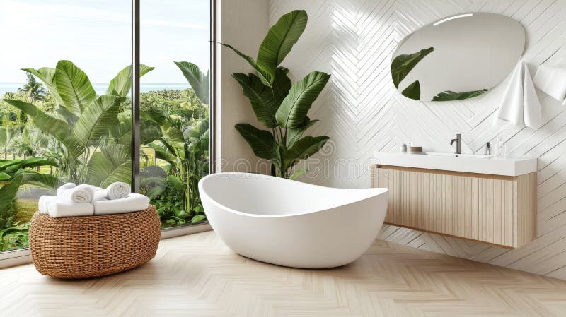 This modern bathroom boasts a bathtub plants and ample natural light fotografie stock