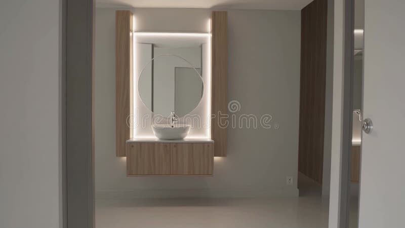 Minimalist bathroom vanity with led lighting stock illustration