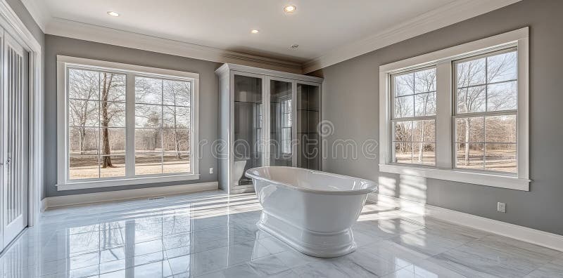 A modern bathroom equipped with freestanding bathtub and shower fotografia stock libera da diritti