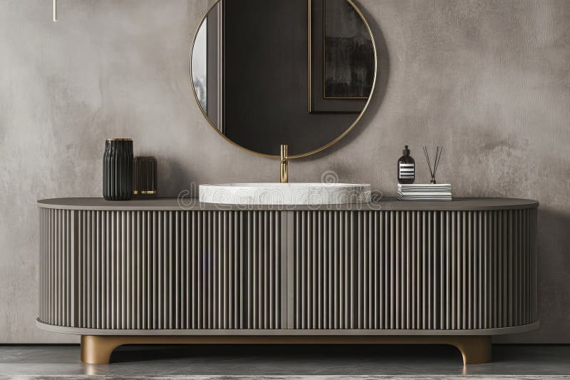 A modern bathroom equipped with wall mounted cabinet and circular backlit mirror fotografia stock