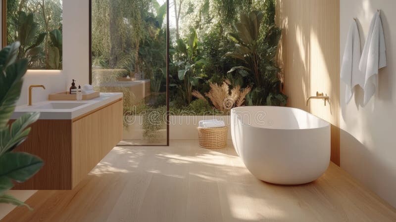 The modern bathroom includes a bathtub plants and generous amounts of natural light immagine stock