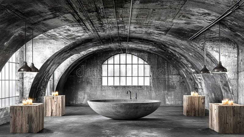 A modern bathroom that incorporates minimalist elements featuring circular bathtub immagine stock