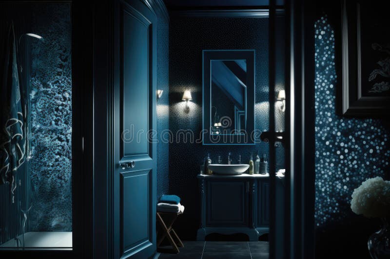 Modern Bathroom Interior Design in Dark Blue Colors. Illustration AI ...
