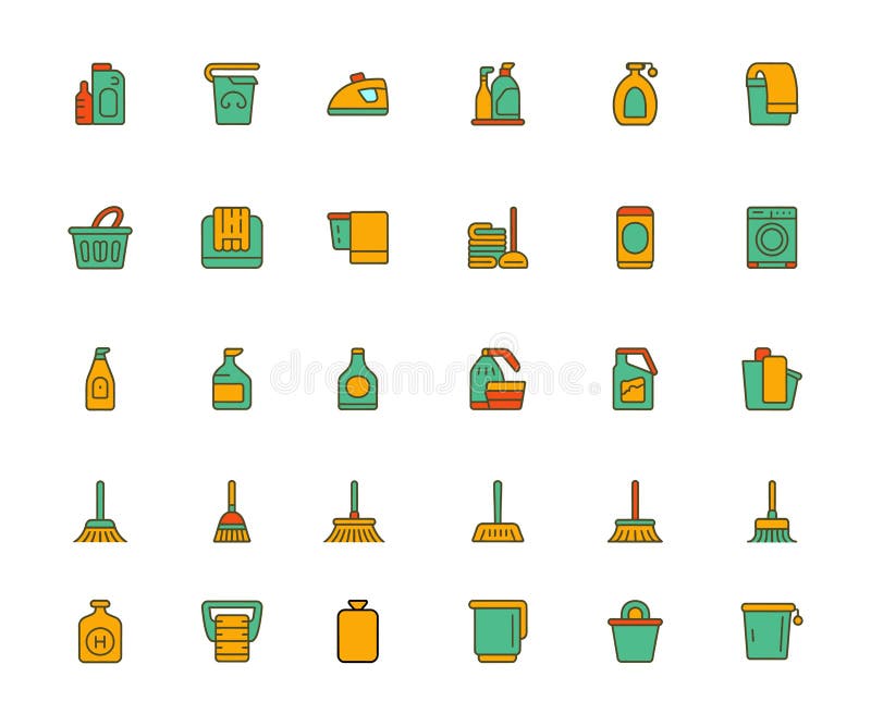 Essential cleaning and laundry icons for household chores, maintenance, and organization in daily home care royalty free illustration
