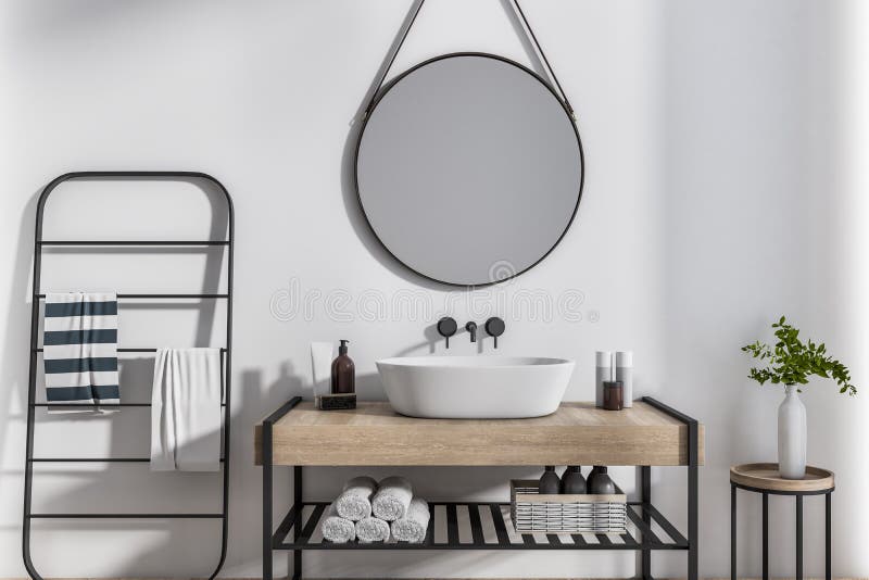 Modern Bathroom Interior with Drying Rack, Mirror and Wash Basin. Design and Interior Concept