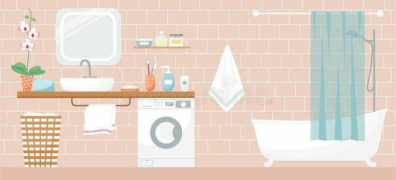 Modern bathroom interior in flat style. Vector illustration of a bathroom. Sink, mirror cosmetics towel washing machine. royalty free illustration