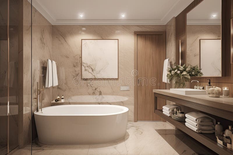 Modern Bathroom Interior with Granite Walls and Floor in Beige Style