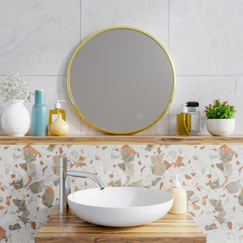 Modern Bathroom Interior with Sink Basin Faucet and Mirror Stock