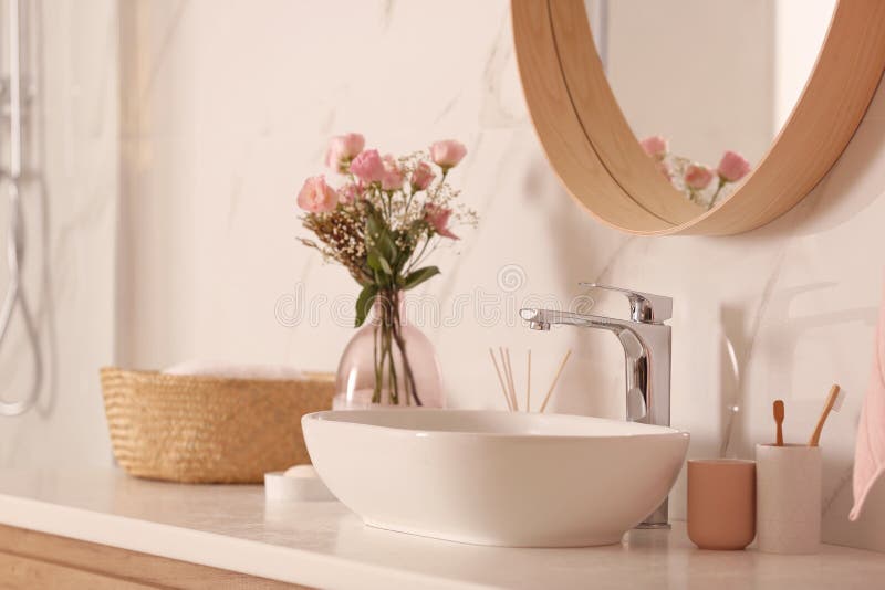 Modern Bathroom Interior with Mirror and Vessel Sink Stock Photo