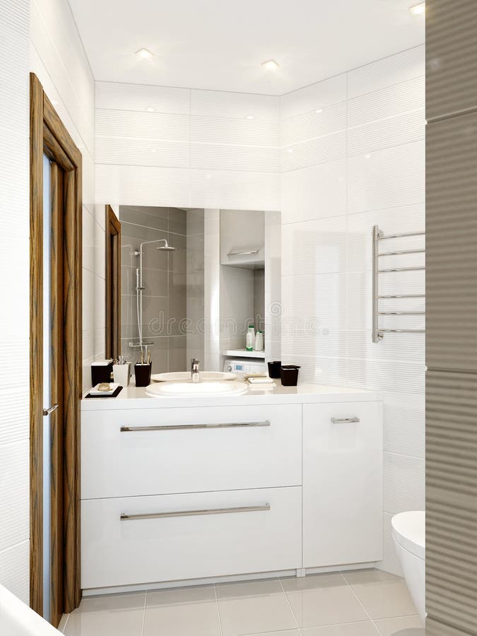 Modern Bathroom Interior with White, Beige and Gray Tiles Stock Photo